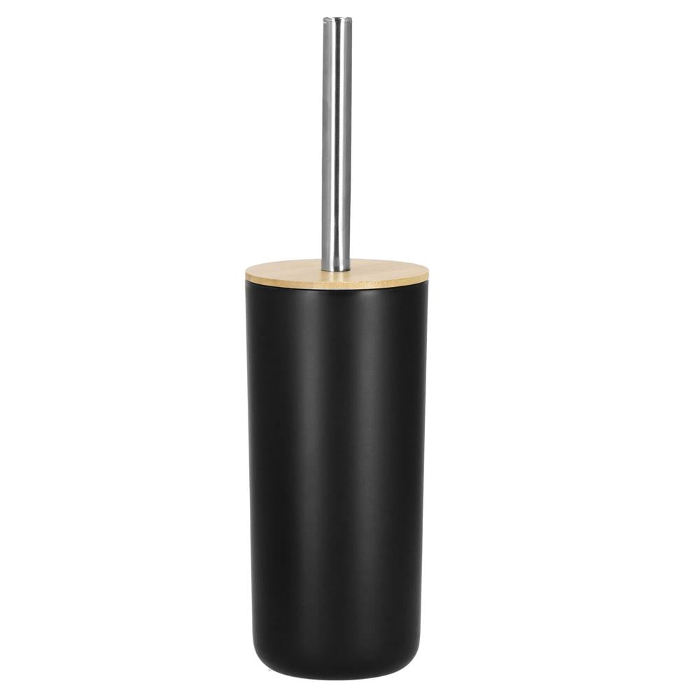 Set de accesorii rotunde pentru baie din plastic cu elemente bambus, 6 piese, negru