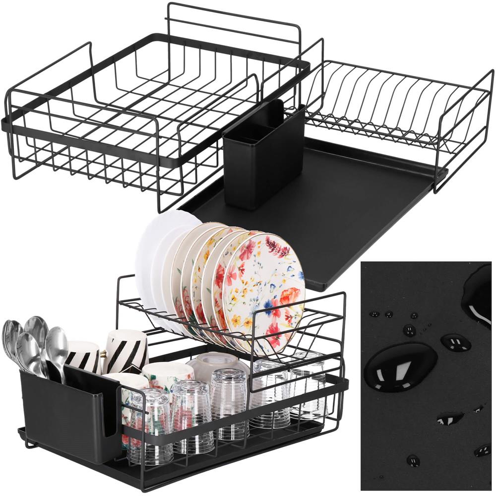 Uscator de vase cu suport tacamuri, din otel, pe 2 nivele, cu tava de scurgere, 50x30x24cm, negru