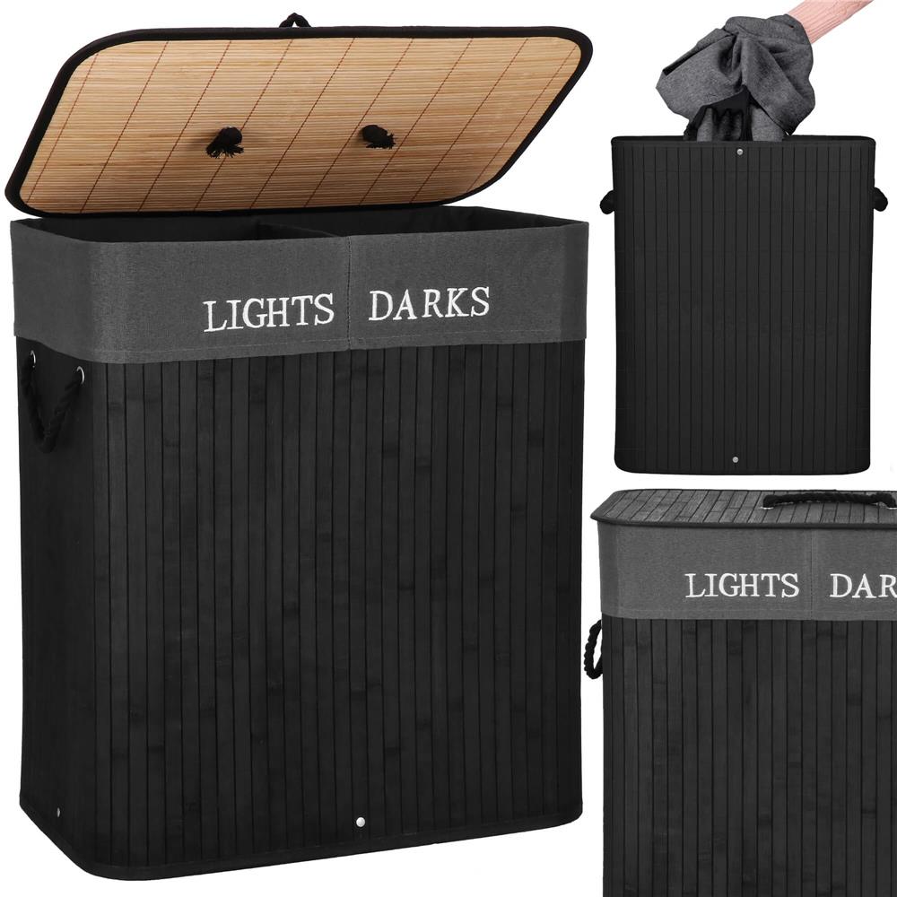 Cos de rufe din bambus cu capac, 2 compartimente, sac detasabil, volum 100L, 54x34x60cm, negru