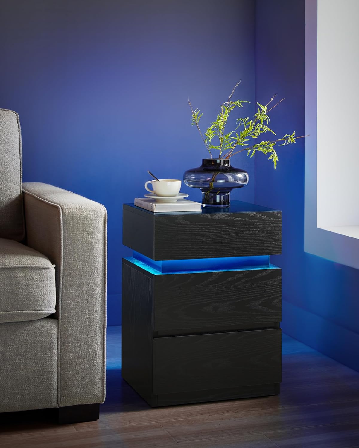 VASAGLE Noptiera din MDF cu iluminare LED, culori si intensitate reglabile, 35x40x55cm, negru