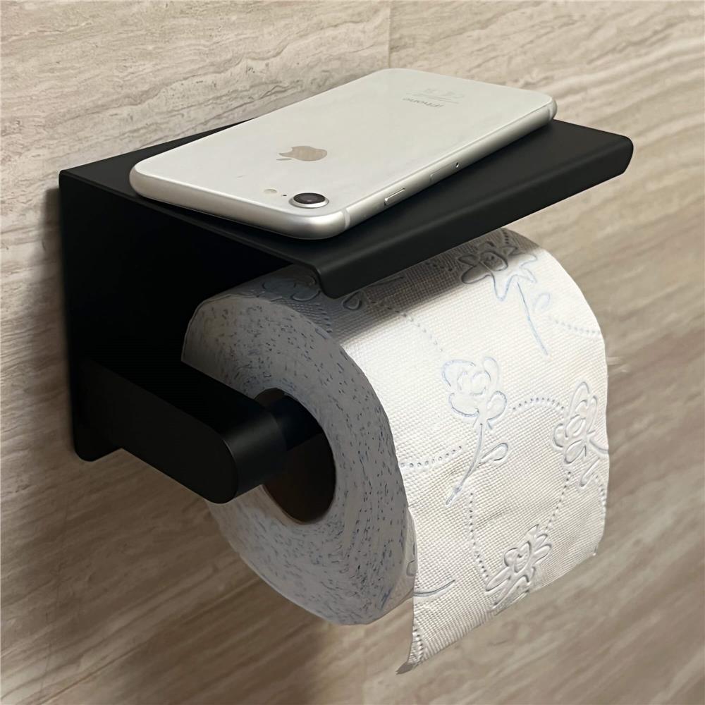 Suport hartie igienica din otel cu raft depozitare, prindere fara gaurire, 14cm, negru