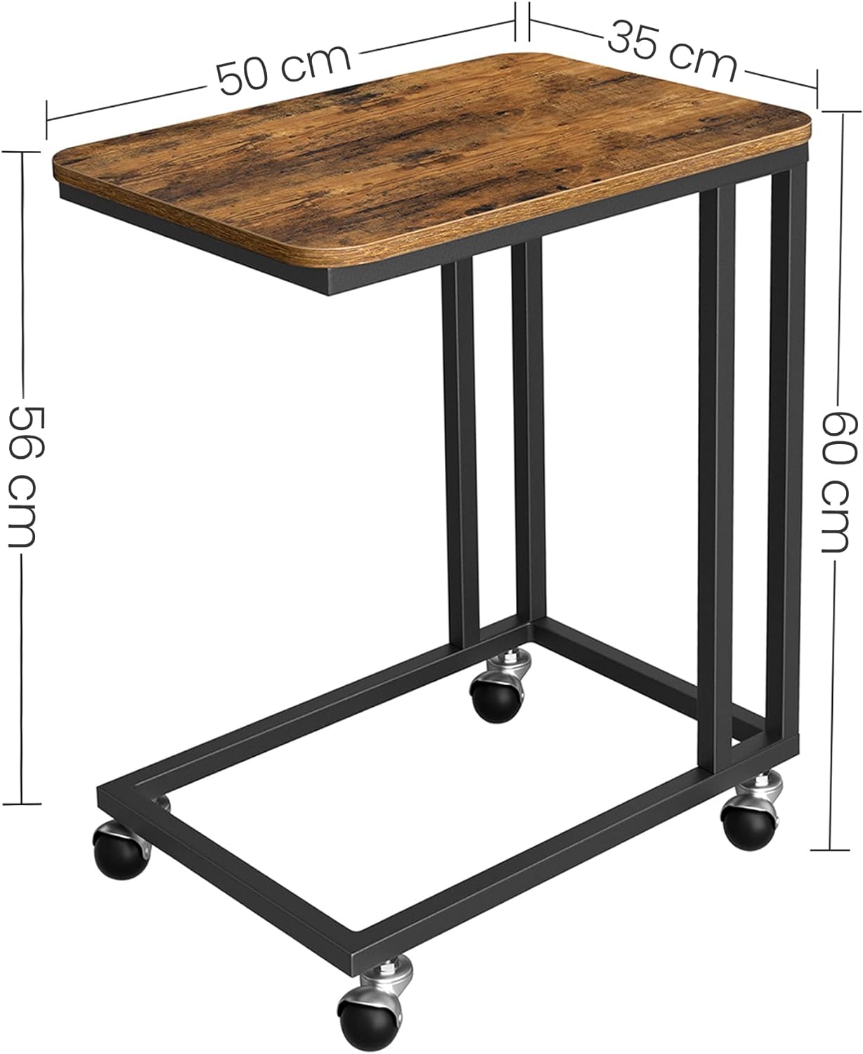 VASAGLE Masuta de cafea, cu cadru de otel si roti, 35x50x60cm, industrial, maro rustic si negru