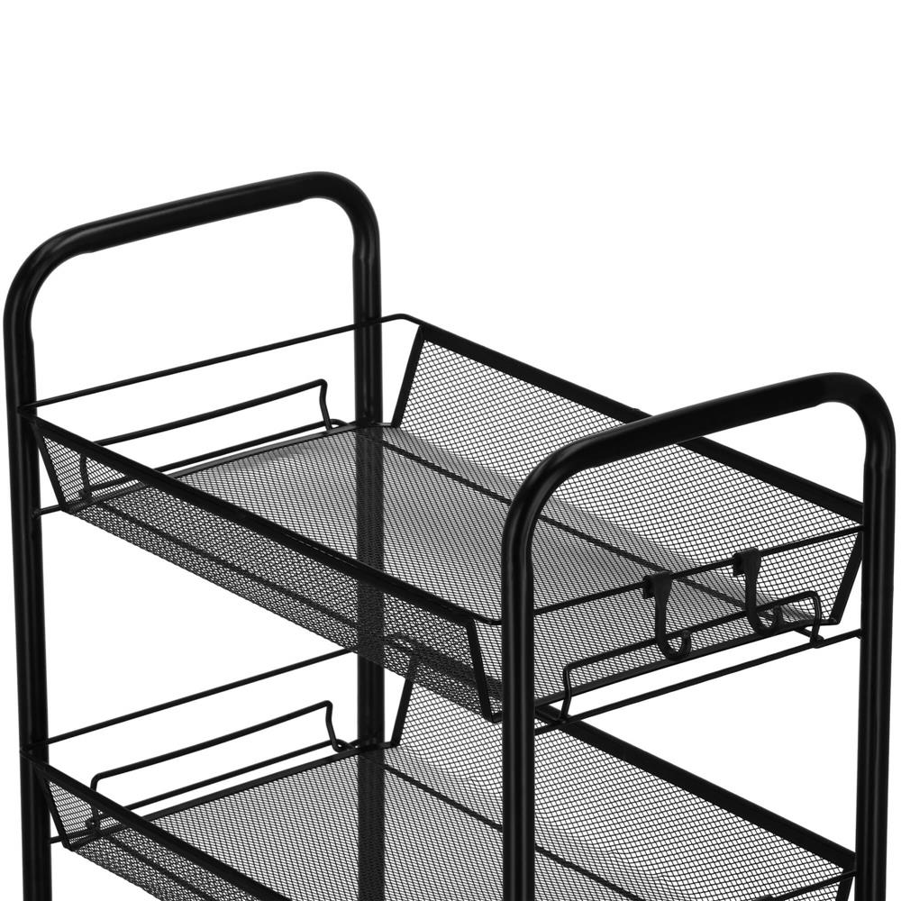 Raft metalic mobil tip carucior pentru bucatarie, 4 polite si 4 agatatori, negru, 44x26x85cm