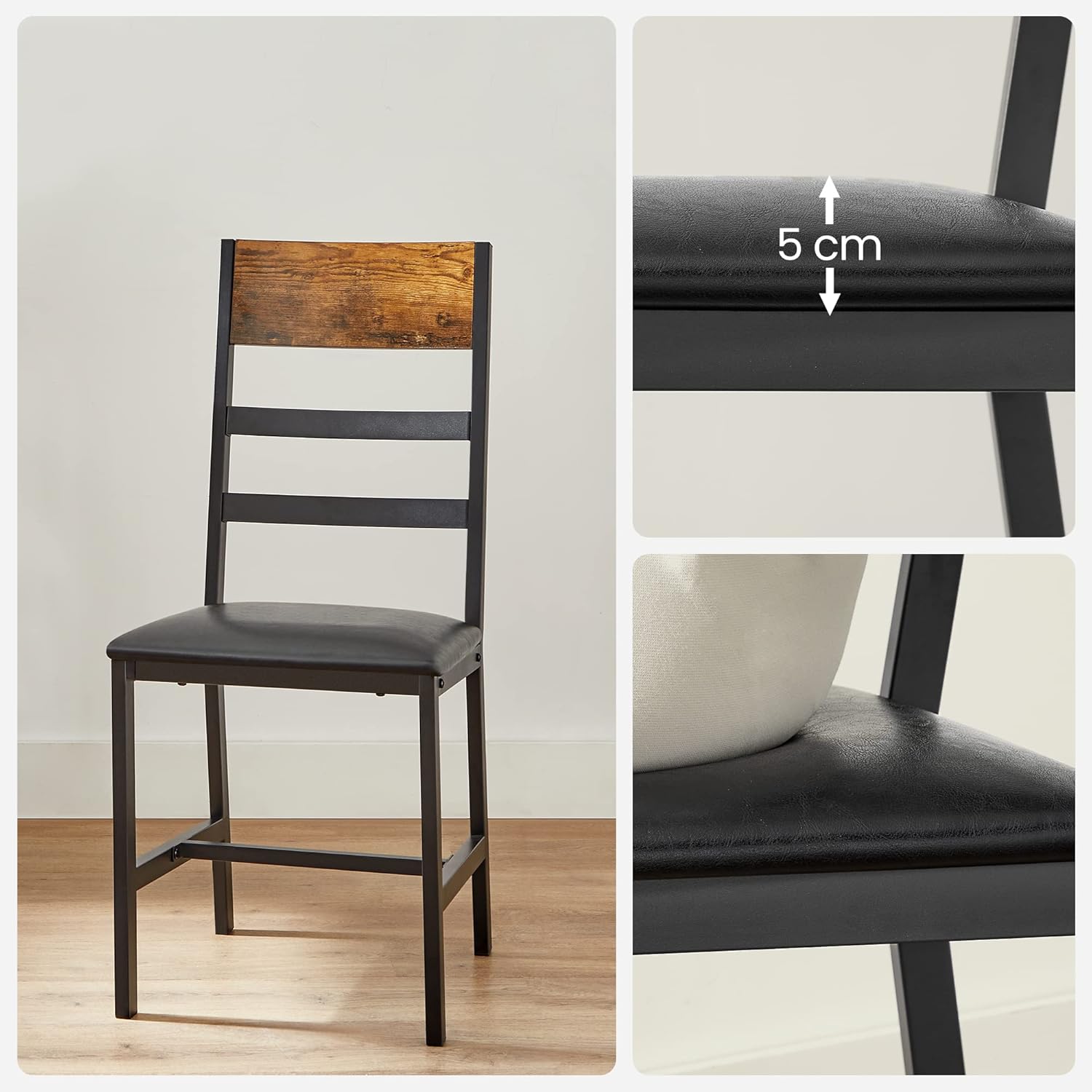 VASAGLE Set 2 scaune de living, tapitate, cu spatar, stil industrial, 43x43x96 cm, maro rustic si negru