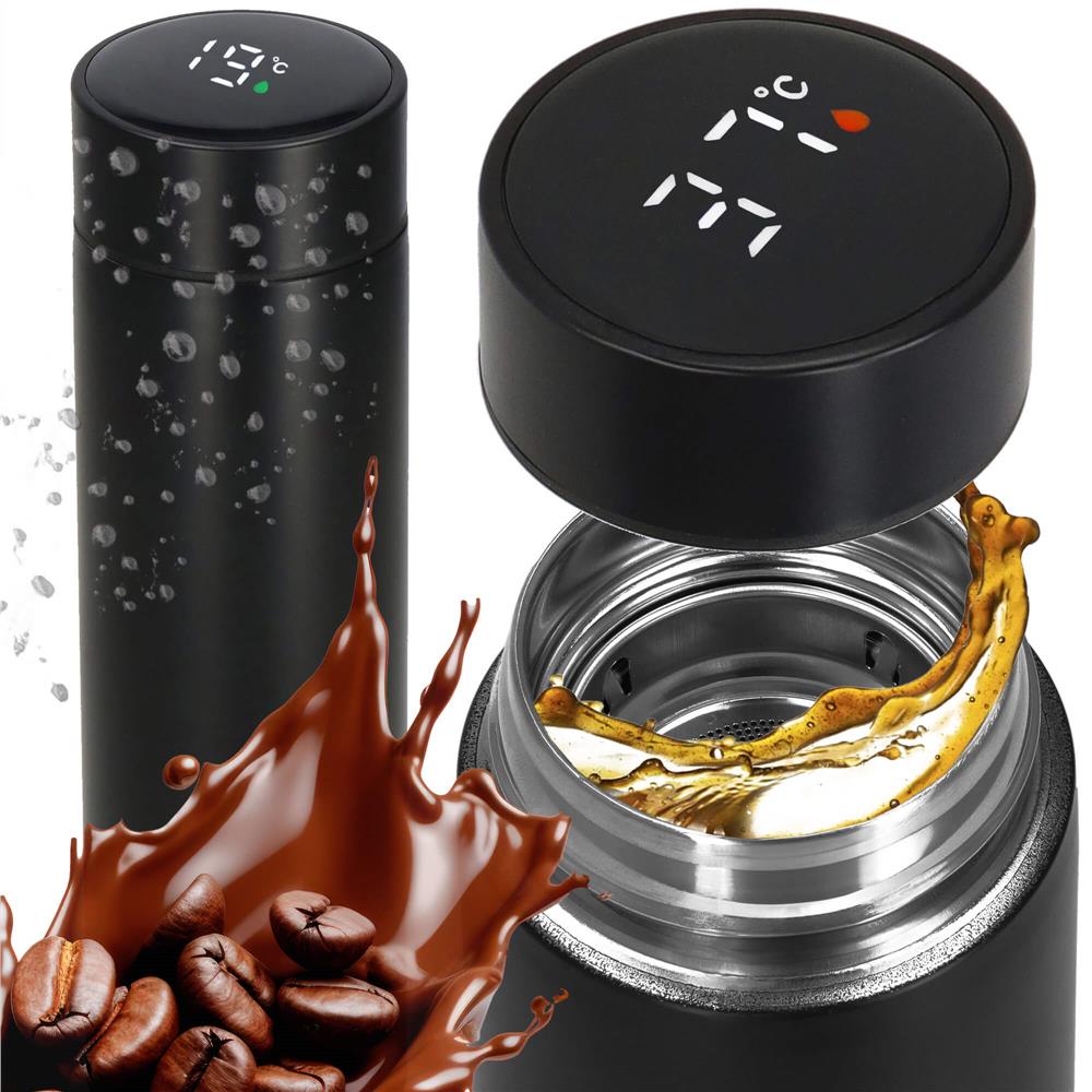 Cana termos Smart, inox, display LED, afisare temperatura, 500ml, 23cm, negru