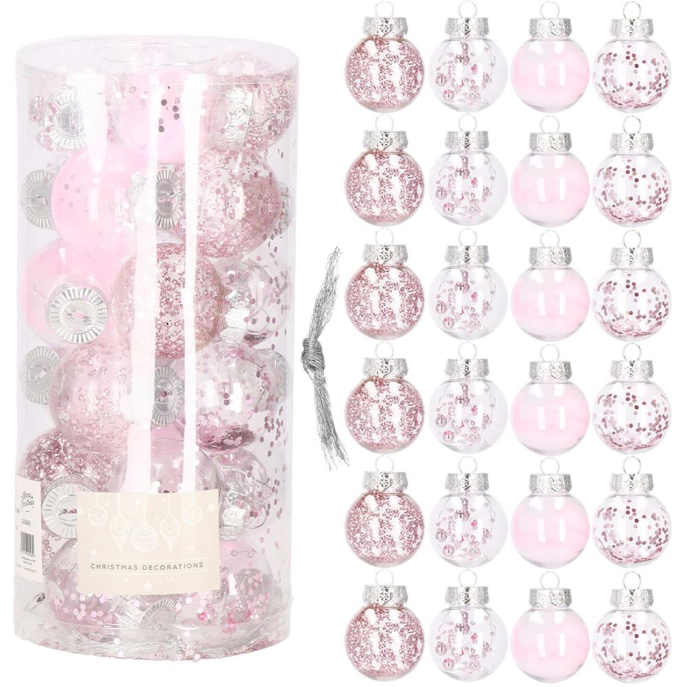 Set globuri de Craciun Inedit, 24 bucati, 5cm, transparente si roz pal