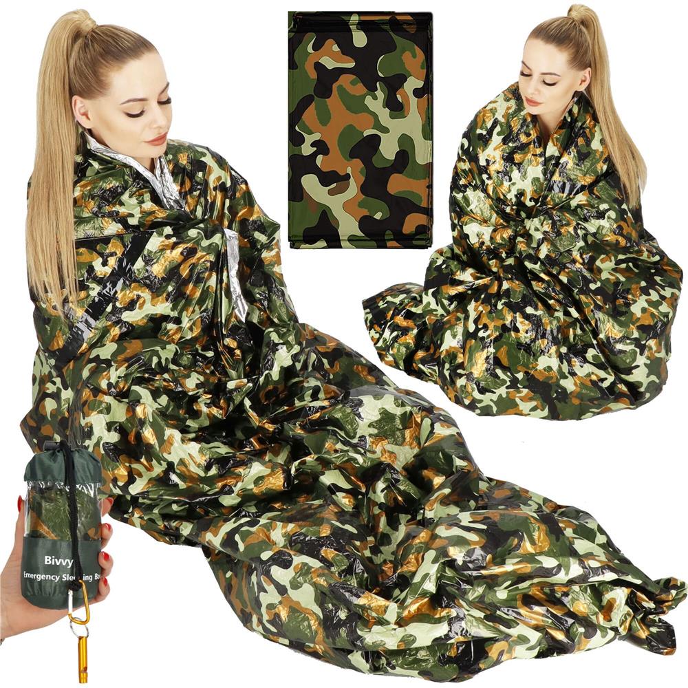 Sac de supravietuire anti hipotermie, umezeala, ploaie si vant, 120x200cm, verde camuflaj