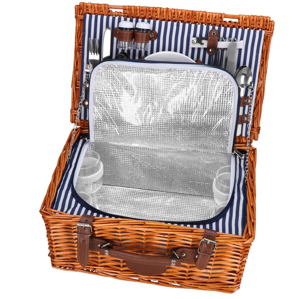 Cos de picnic echipat pentru 4 persoane Deluxe, din rachita, cu vesela si tacamuri, frigorific