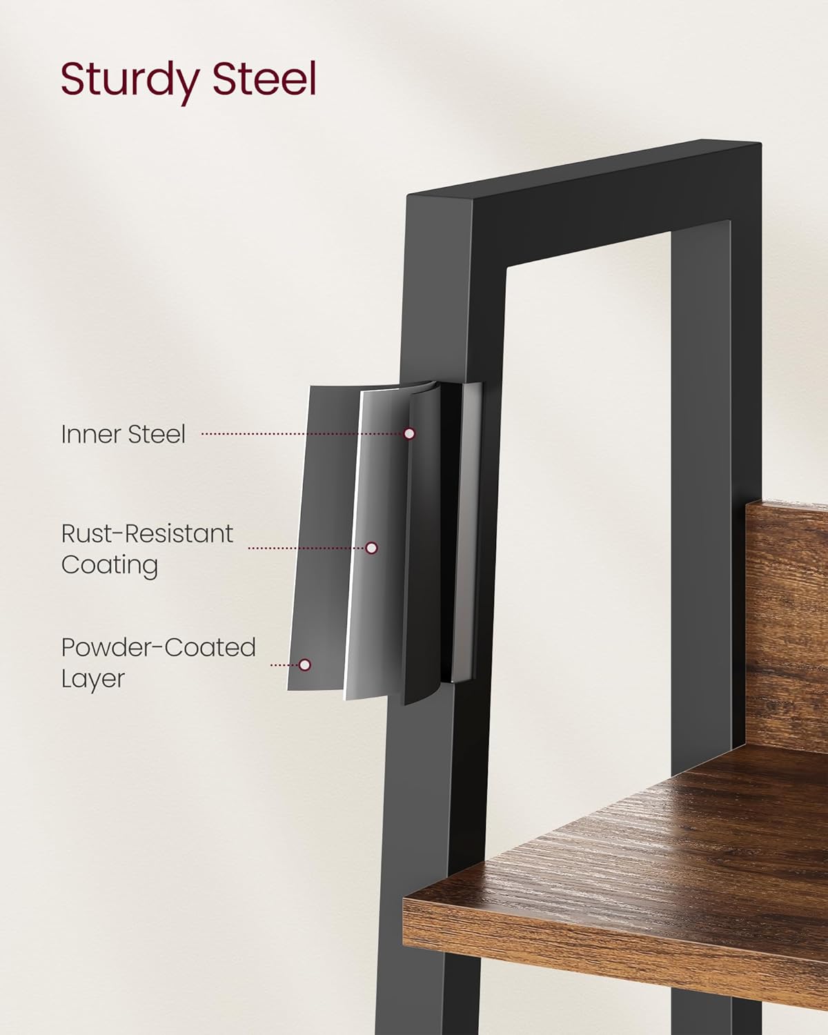 VASAGLE Biblioteca tip scara, cadru otel cu 5 polite, stil industrial, 80x30x170 cm, maro - 7