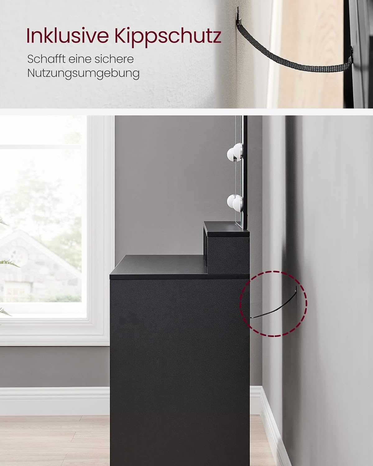 VASAGLE Masa de toaleta cu iluminare LED, cu oglinda, luminozitate reglabila, cu 2 sertare, 80x40x145cm, negru