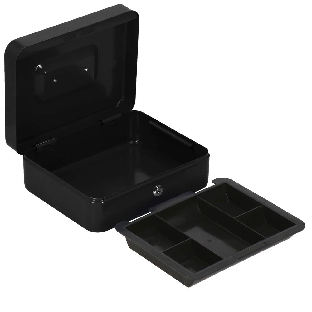 Caseta pentru bani tip cutie de valori, compartimentanta, cu cheie, metal, 30x24x9cm, negru