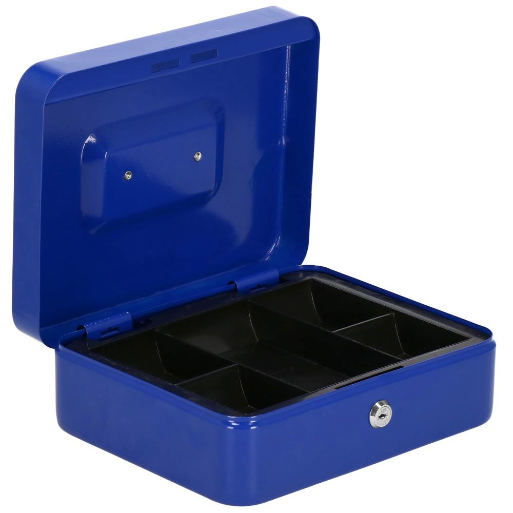 Caseta pentru bani tip cutie de valori, compartimentanta, cu cheie, metal, 25x20x9cm, albastru