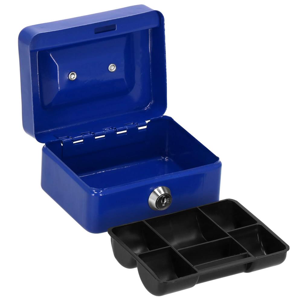 Caseta pentru bani tip cutie de valori, compartimentanta, cu cheie, metal, 12.5x9.5x6.5cm, albastru