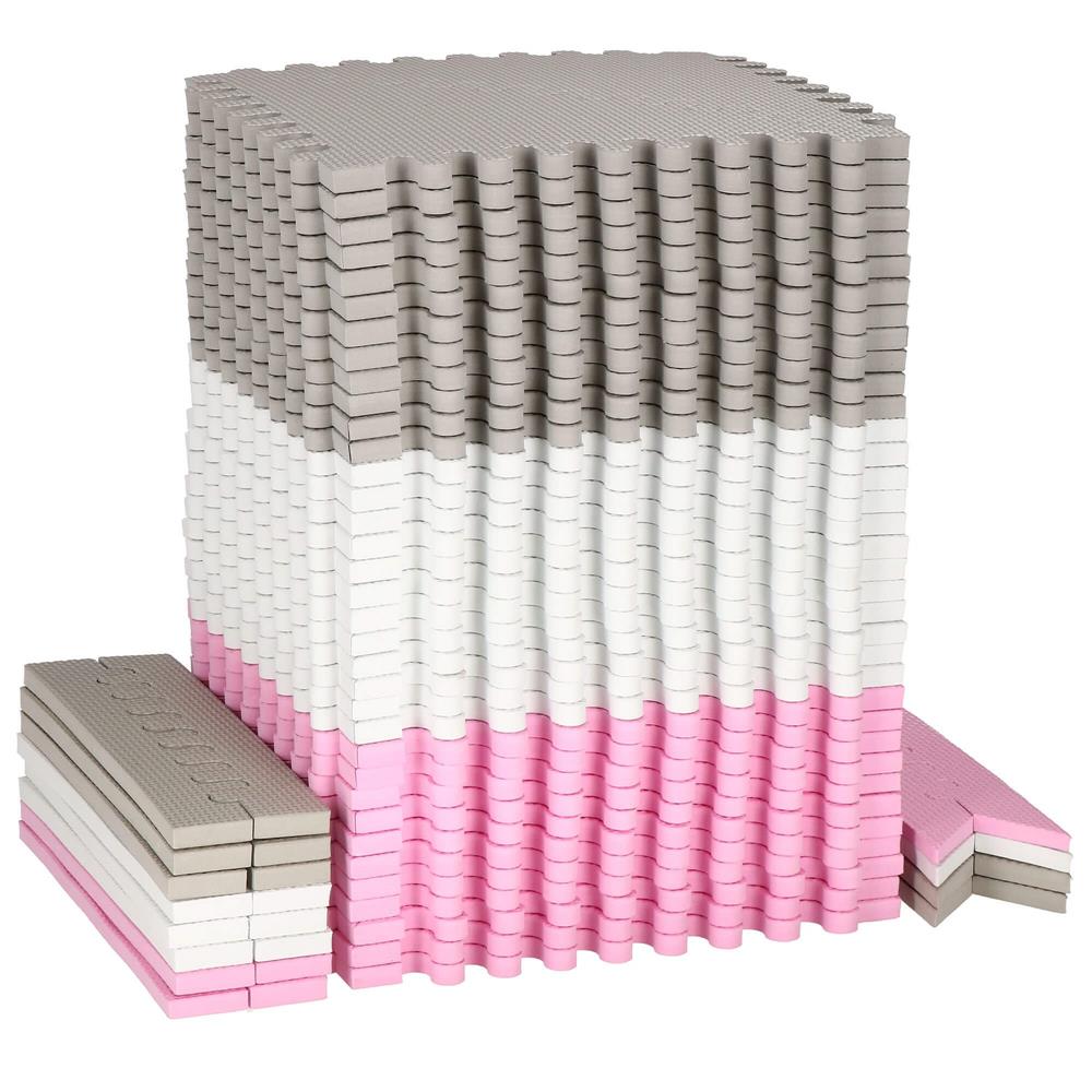 Covor din spuma pentru copii, tip puzzle triunghiuri, 96 piese,186×186 cm, gri roz