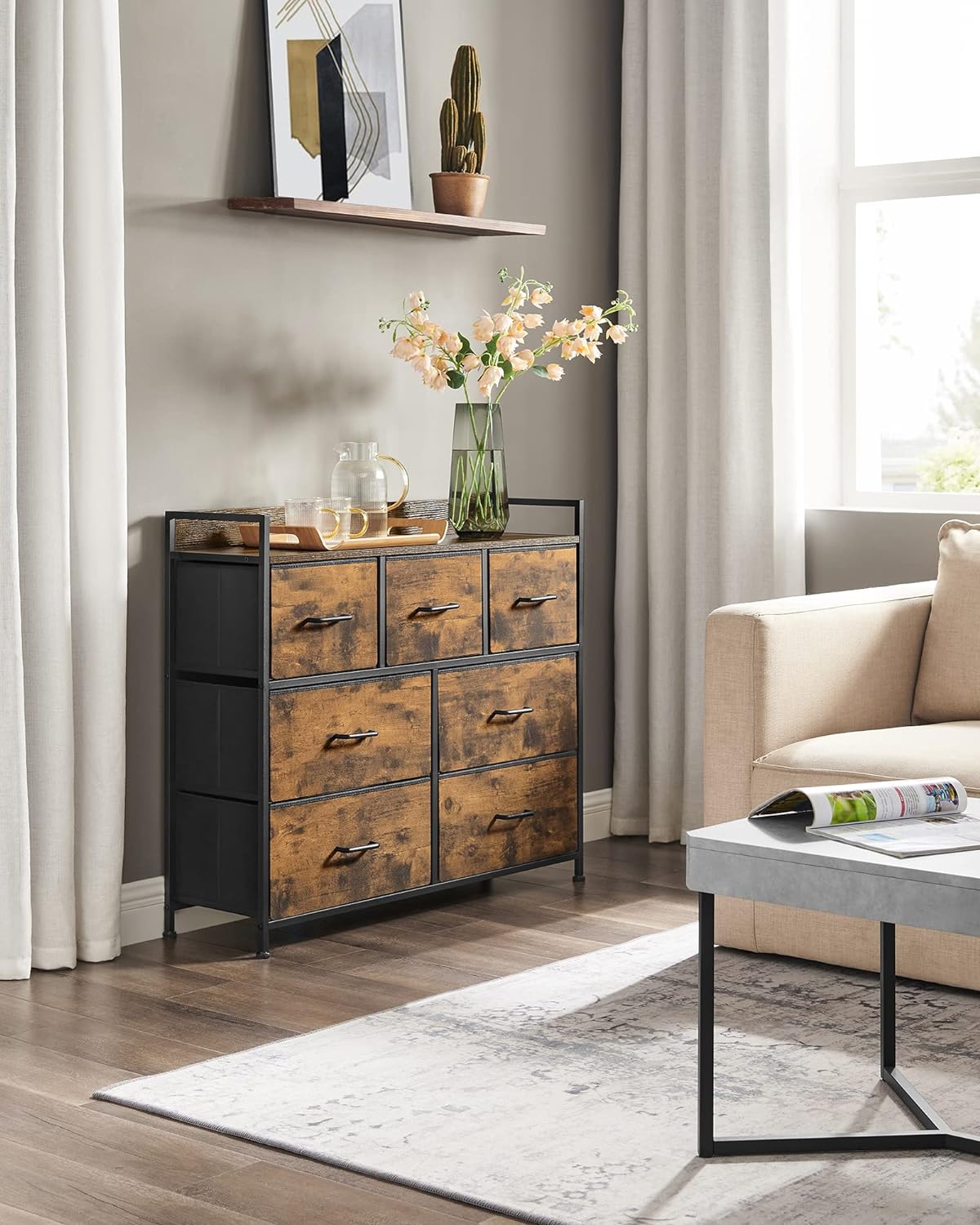 SONGMICS Comoda cu cadru metalic si 7 sertare din textil, stil industrial, 98x29x85cm, maro rustic si negru