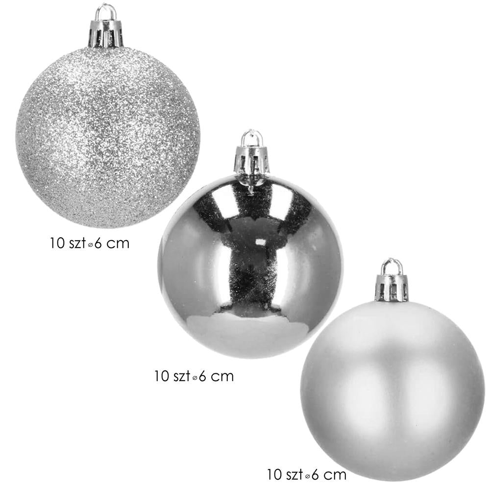 Set globuri de Craciun, 30 bucati, 3 modele, 6cm, argintiu