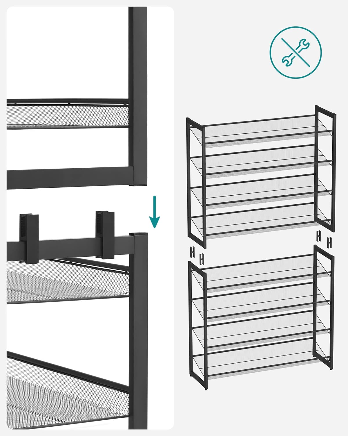 Raft pentru pantofi suprapozabil, pe 8 nivele, din metal, cu rafturi reglabile, pentru 32-40 perechi, 31x 92x163cm, negru
