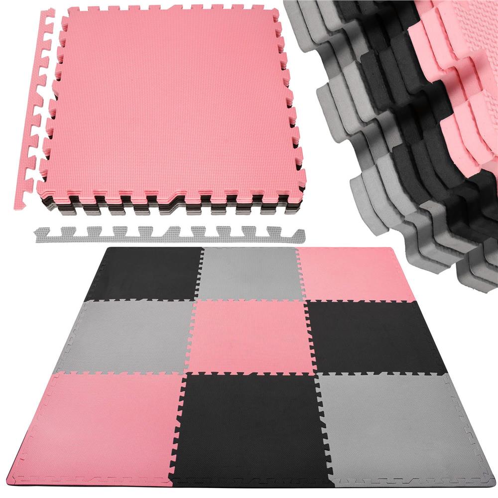 Covor din spuma pentru copii, tip puzzle forme, 27 piese, termoizolant, 179×179 cm, gri roz