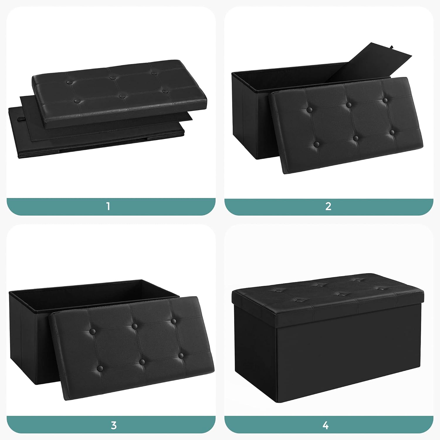 SONGMICS Taburet pliabil cu sezut moale, spatiu de depozitare 80litri, maxim 300kg, 76x38x38cm, negru