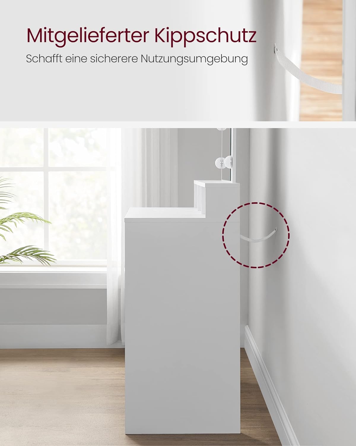 VASAGLE Masa de toaleta cu oglinda, iluminare LED, 2 sertare si 3 compartimente deschise, 80x40x140cm, modern, alb
