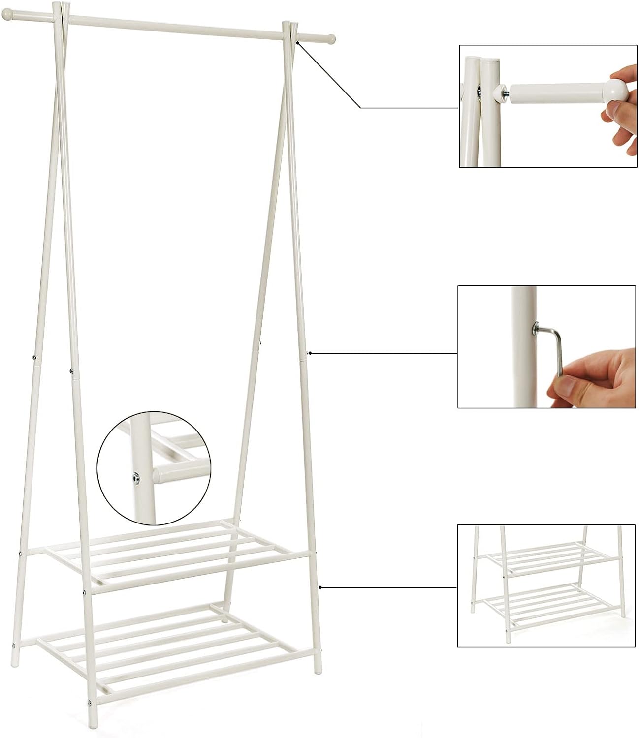 SONGMICS Suport pentru haine, cu raft depozitare pe 2 niveluri, cadru metalic, 88x41x155cm, alb