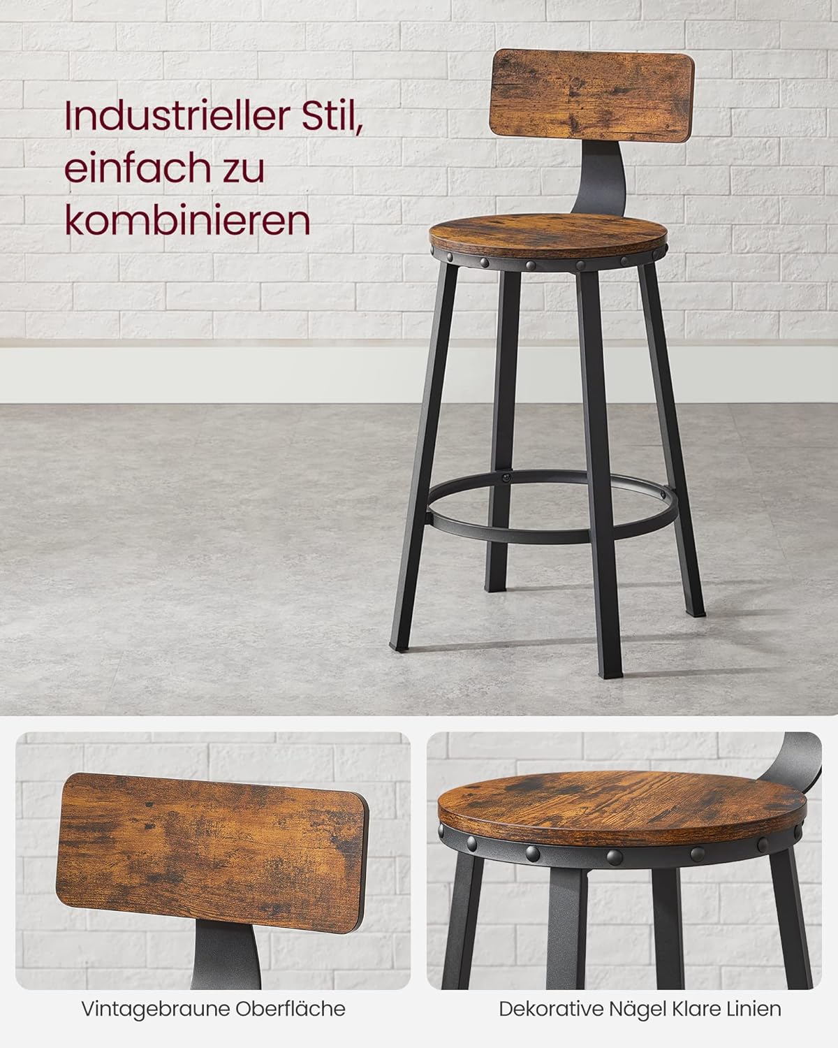 VASAGLE Set de 2 scaune de bar inalte cu spatar, cadru din otel, industrial, 51x89cm, maro rustic - 8