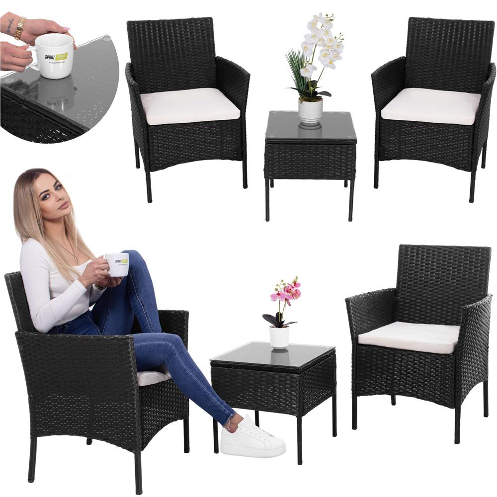 Set mobilier terasa, din tehnorattan, masa cu blat sticla securizata, 2 fotolii cu perne, negru