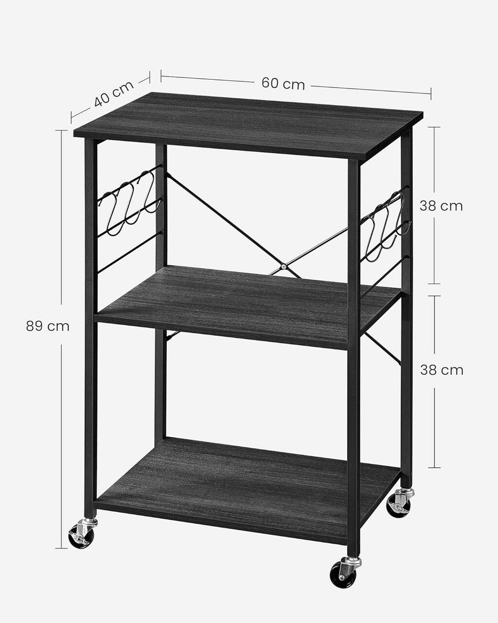 VASAGLE Raft de bucatarie pe roti, carucior de servire cu 3 rafturi, cadru metalic, 40x60x89 cm, design industrial, negru - 8