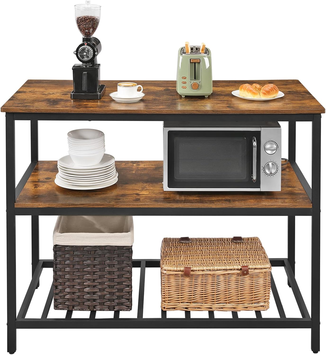 VASAGLE Raft de bucatarie tip insula, cadru de otel cu 3 nivele, stil industrial, 60x120x90cm, maro