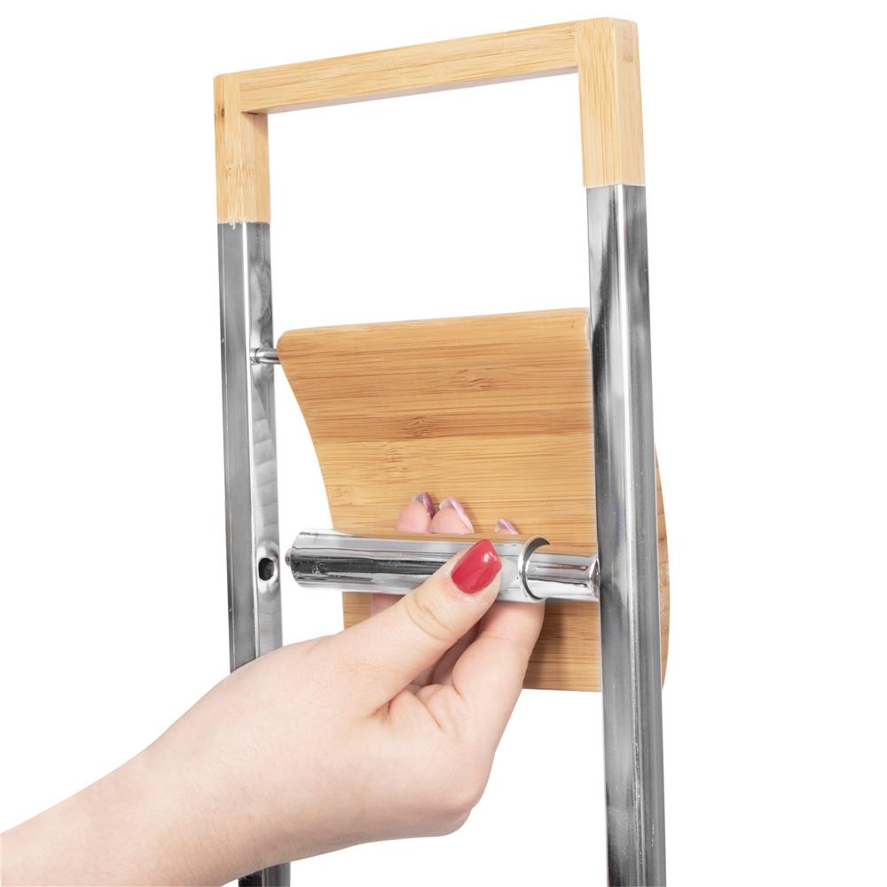 Stand cu perie WC si suport hartie igienica, inox si bambus, 75cm, argintiu