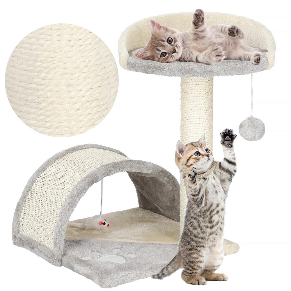 Ansamblu de joaca pentru pisici, cu loc pentru zgariat, culcus, minge, 47cm, crem