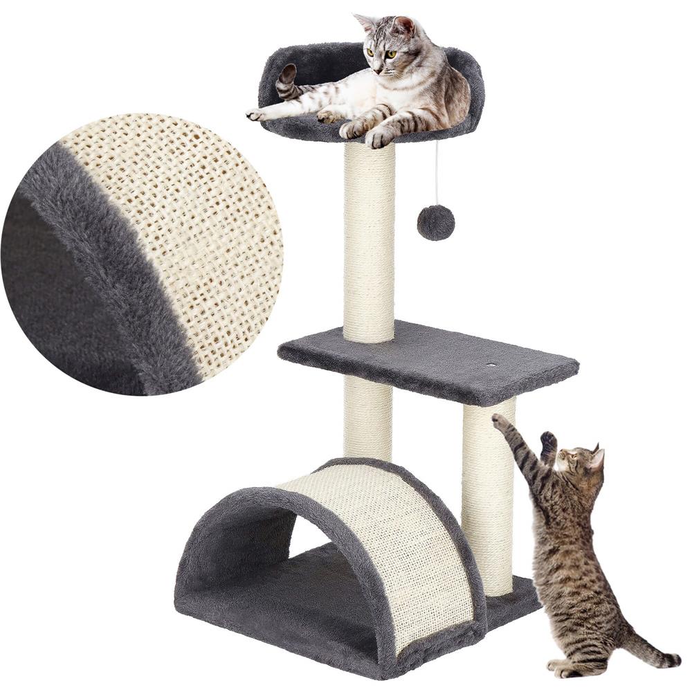 Ansamblu de joaca pentru pisici, cu loc pentru zgariat, ascuns, culcus, minge, 67cm, crem