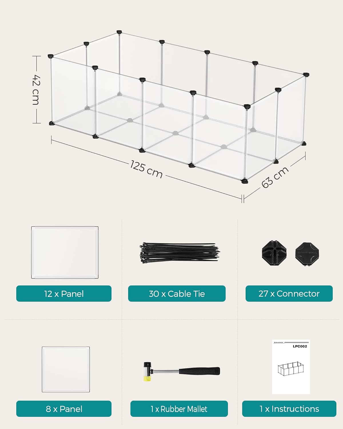 SONGMICS Tarc pentru animale mici rozatoare, din plastic, modulara, 125x63x42 cm, alb