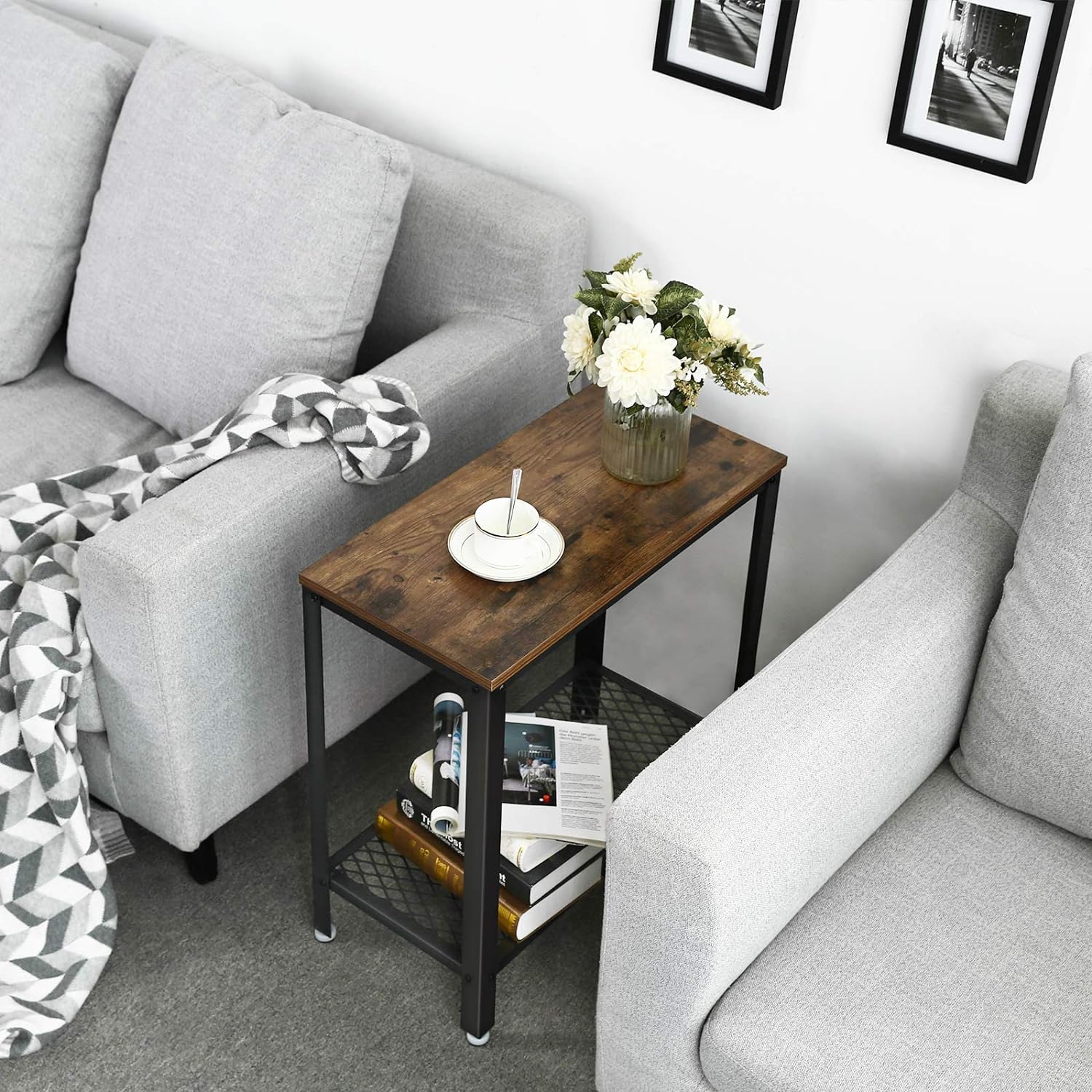 VASAGLE Masa de cafea laterala, cu 2 nivele, cadru din otel, 60x30x60cm, maro rustic