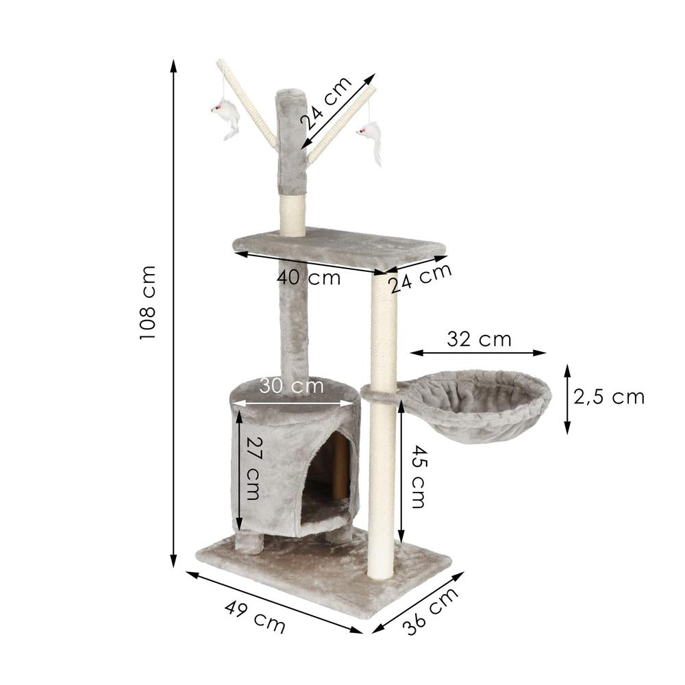 Ansamblu de joaca pentru pisici, cu loc pentru zgariat, ascuns, culcus, soricei, 108cm, gri