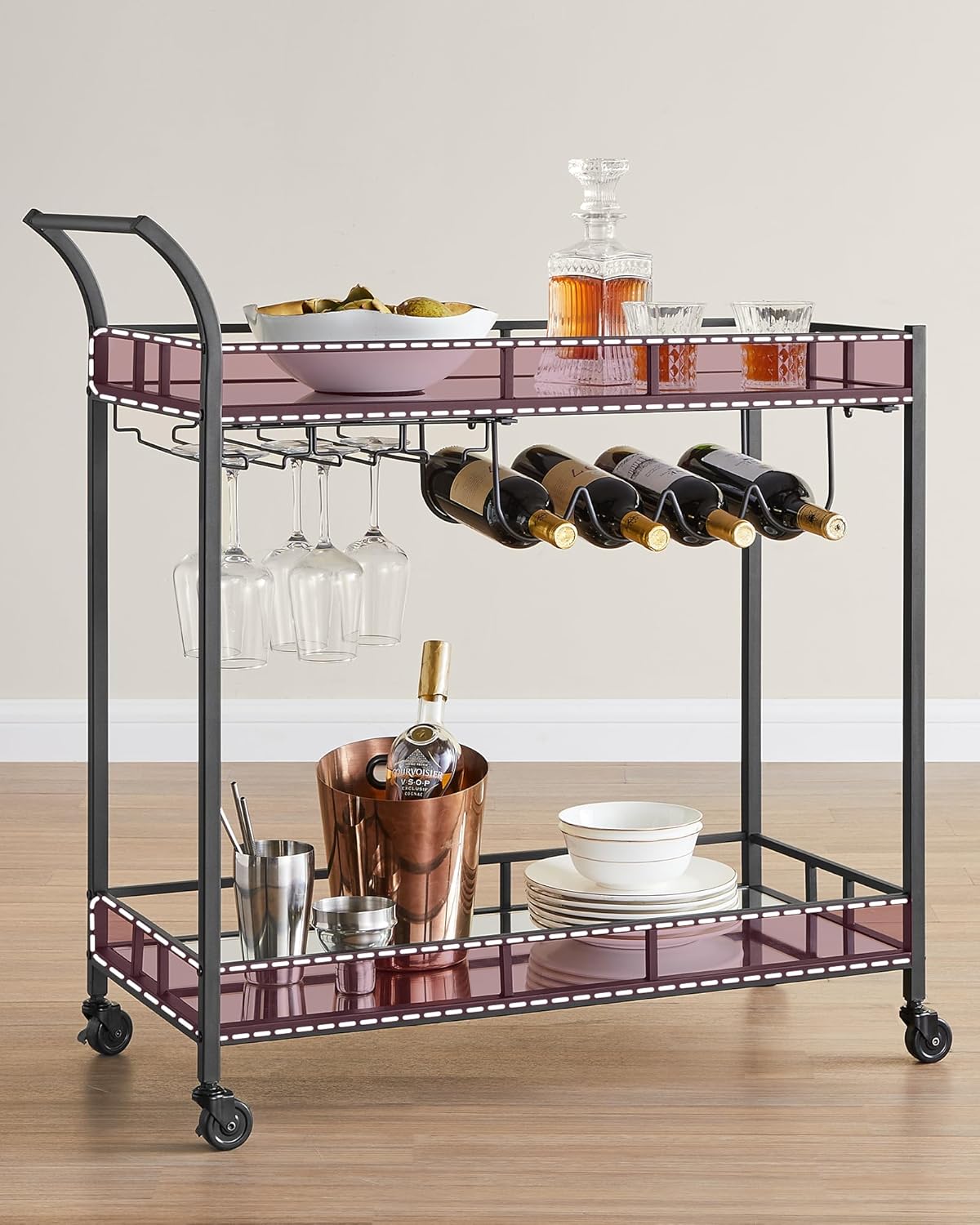 VASAGLE Carucior de servire pentru vin, suport sticle si pahare, cu 2 rafturi din sticla, 38x86x90 cm, negru