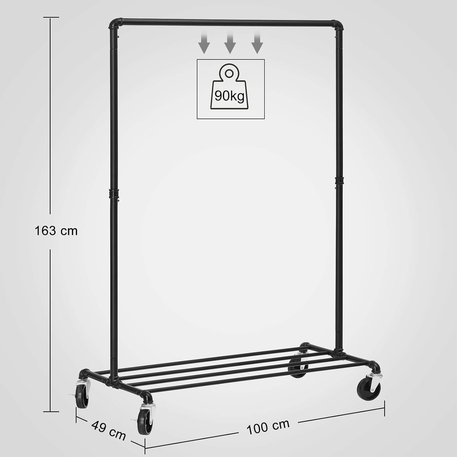 Suport pentru haine, cu raft si sina de agatat, cadru metalic, cu roti, 100x49x163cm, industrial, negru