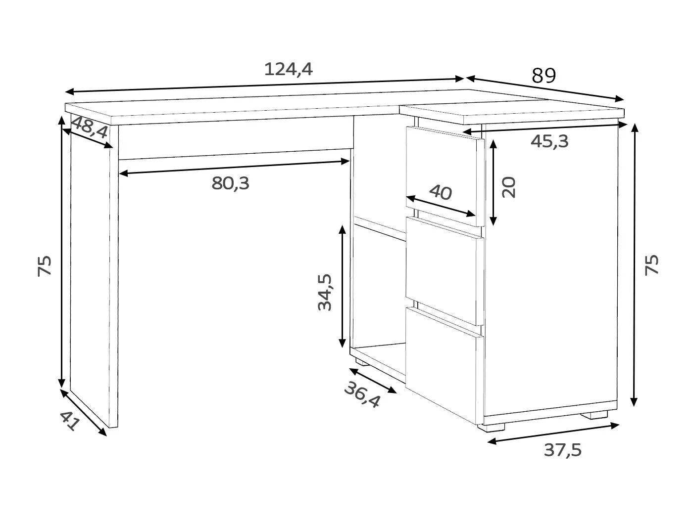 Birou colt Norge cu 3 sertare si 2 rafturi, 124x89x75 cm, stejar - 8