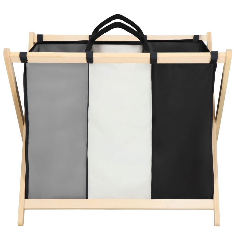 Cos de rufe cu 3 compartimente, cadru din lemn, 67x43x55 cm, 105 litri