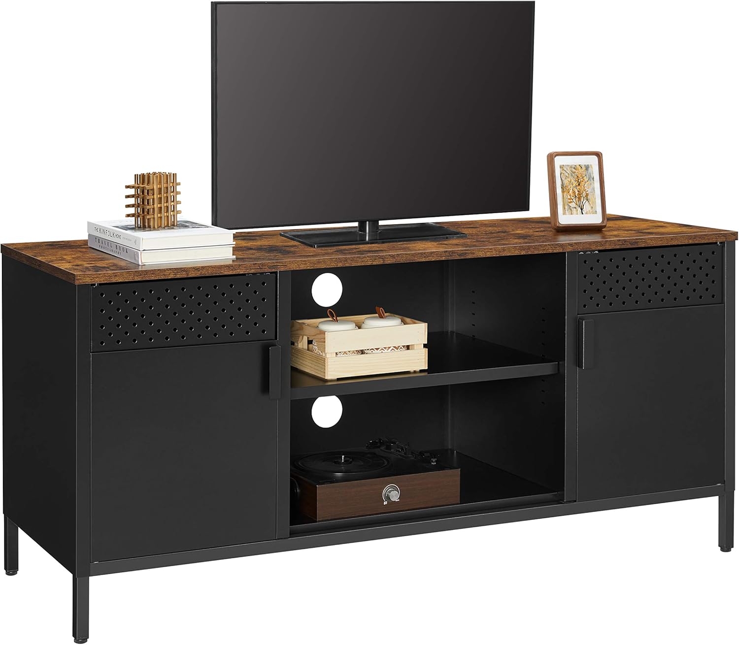 SONGMICS Comoda TV 120x40x55 cm, 3 rafturi reglabile, 2 usi, stil vintage, PAL si otel, maro-negru mat