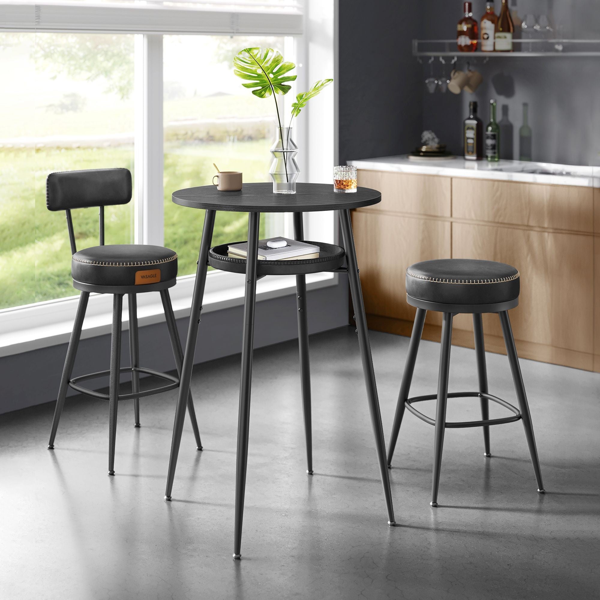 VASAGLE Masa de bar neagra, 70x70x91 cm – design elegant cu piele artificiala, blat 60 cm, stabila si usor de asamblat