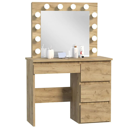 Masa de toaleta si machiaj Hollywood cu oglinda LED si 4 sertare, 94x43x140 cm, craft - 2