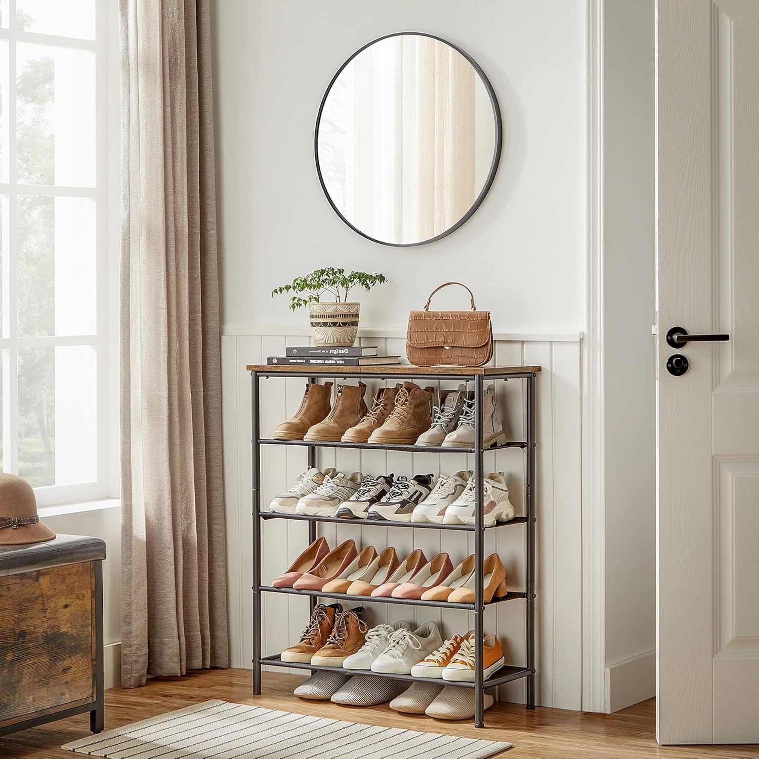 VASAGLE Suport pantofi 75x30x91 cm, 5 niveluri, rafturi textile si blat PAL, cadru metalic, maro rustic si negru