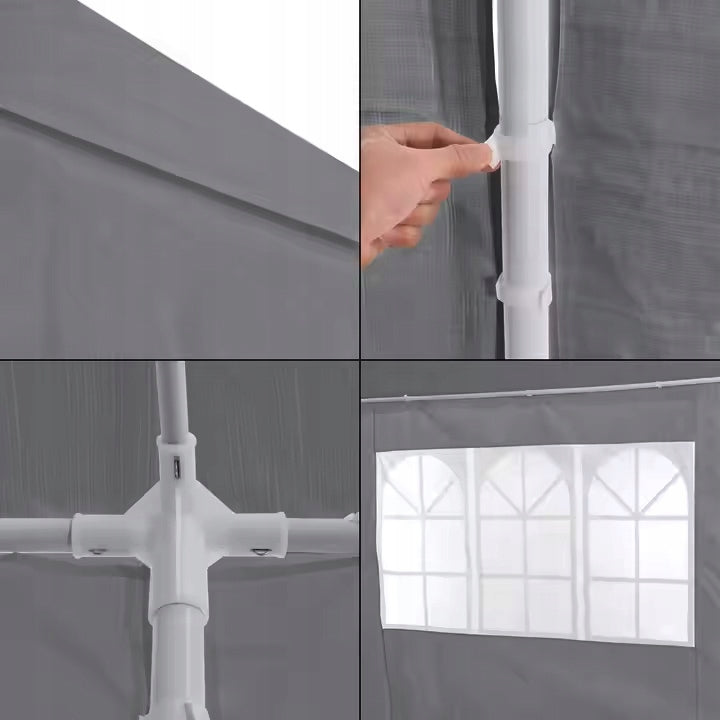 Cort de gradina 300x600 cm, 6 pereti detasabili cu ferestre si usa, structura metalica, PE impermeabil, gri