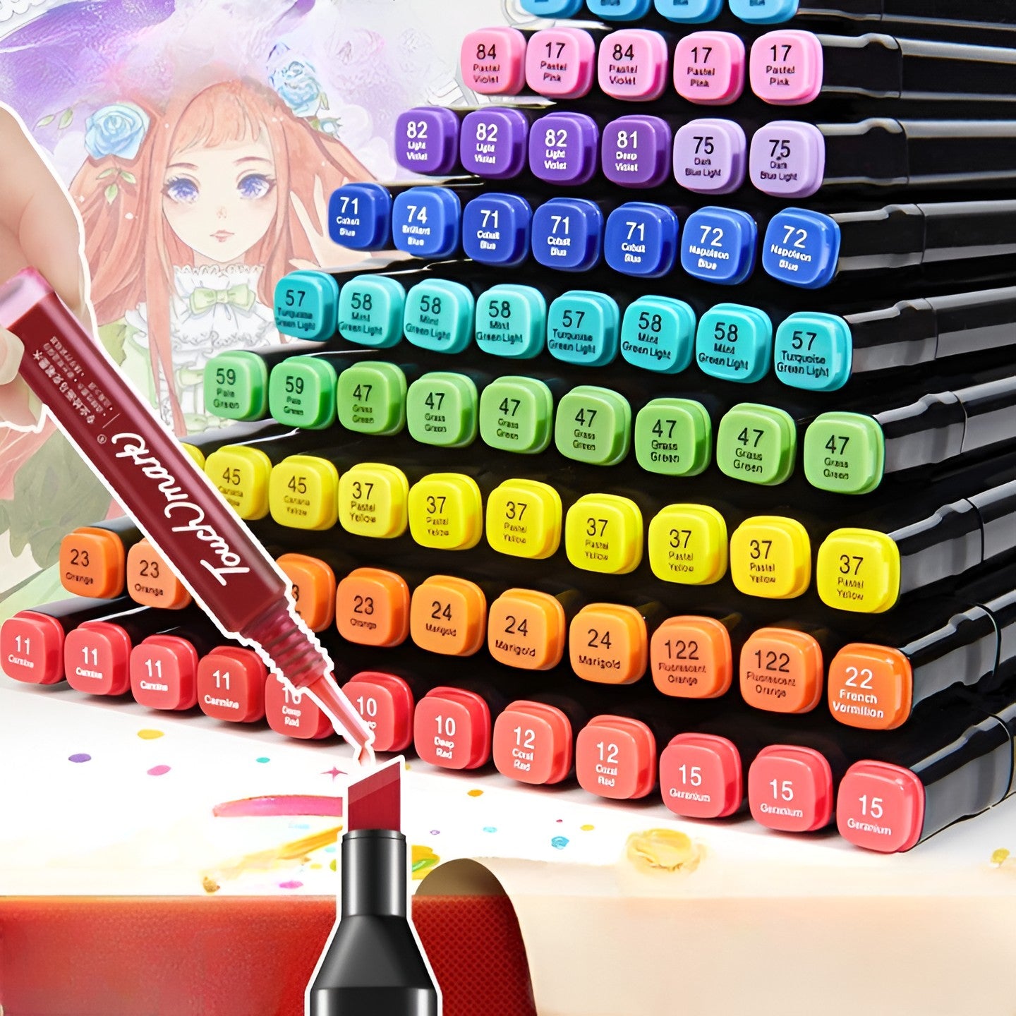 Markere cu Alcool Touch Room, Flippy, Paleta mare Set de 80+ de Culori, Capat Lat si Capat Precis, Geanta Inclusa, Multicolor