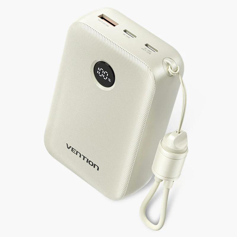 Power Bank Vention 20000mAh Power Bank (USB-C + USB-C/USB-C/USB-A) with Built-in USB-C to USB-C Cable 22.5W Beige LED Display Type , "FKBN0-C" - 6922794791350