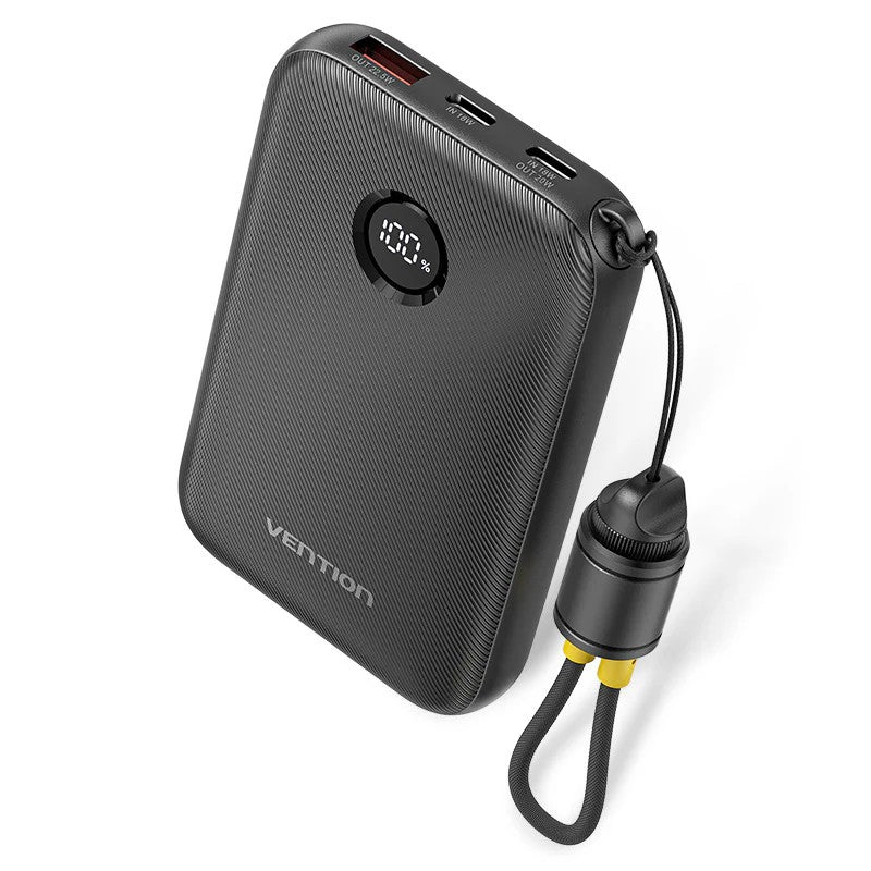 Power Bank Vention 10000mAh Power Bank (USB-C + USB-C/USB-C/USB-A) with Built-in USB-C to USB-C Cable 22.5W Negru LED Display Type , 