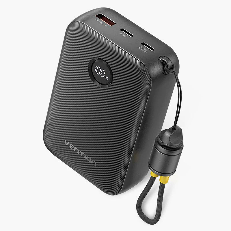 Power Bank Vention 20000mAh Power Bank (USB-C + USB-C/USB-C/USB-A) with Built-in USB-C to USB-C Cable 22.5W Negru LED Display Type , 