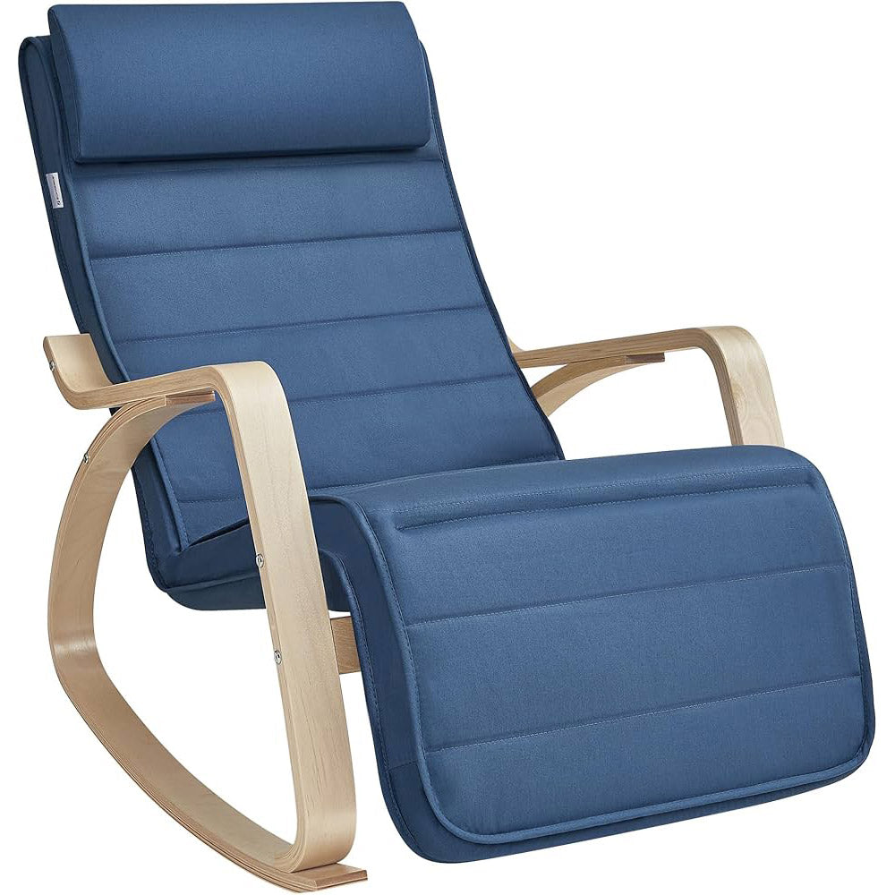 SONGMICS Scaun balansoar din lemn, suport picioare reglabil, maxim 150kg, 122x67x84 cm, albastru inchis