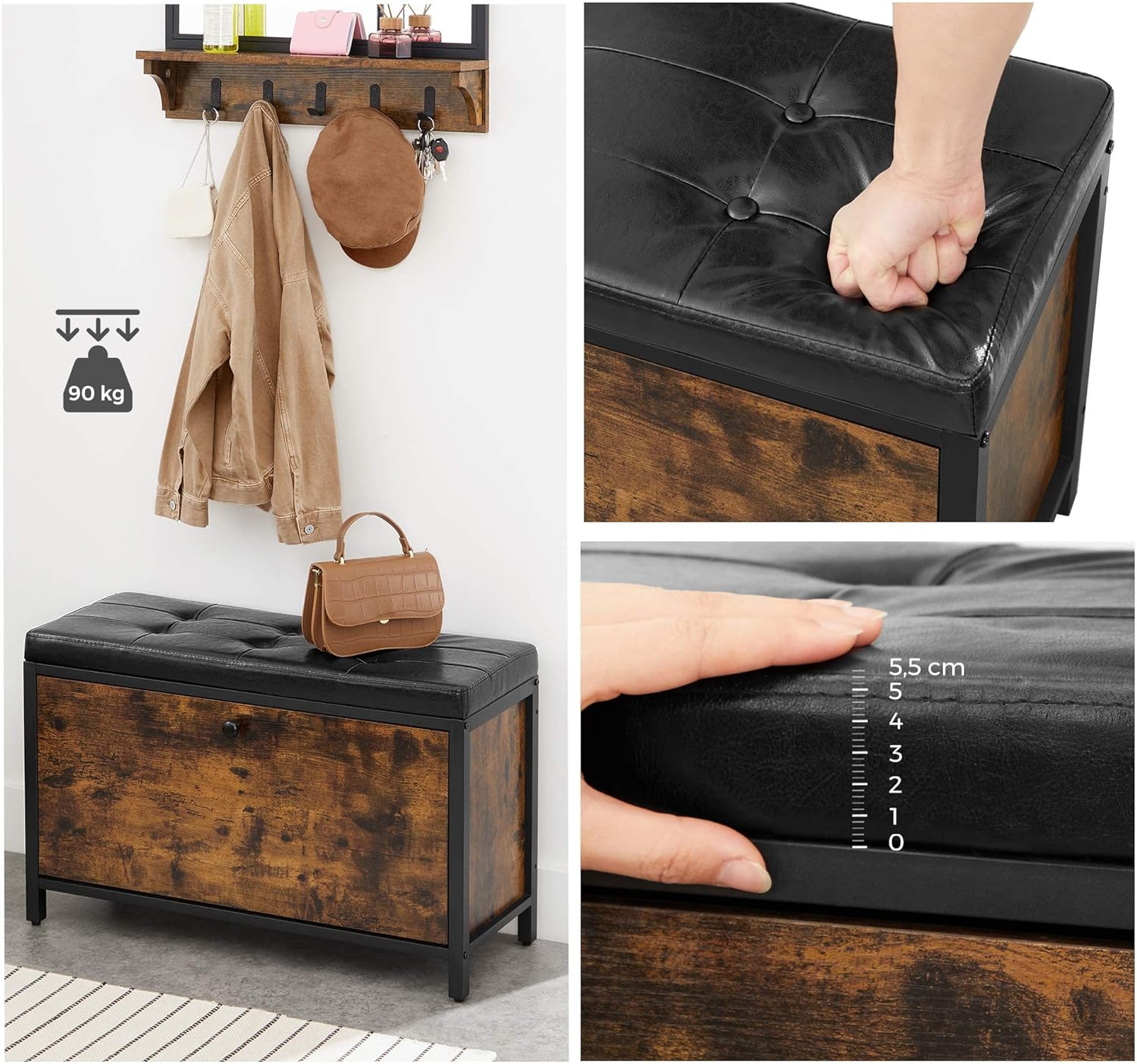 VASAGLE Banca cu organizator pantofi, cu clapeta, 30x80x51cm, industrial vintage, maro cu negru